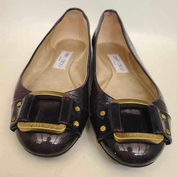 Jimmy Choo Dark Purple Patent Leather Ballet Flats EU 37.5 Gold Tone Buckle - Picture 2 of 16